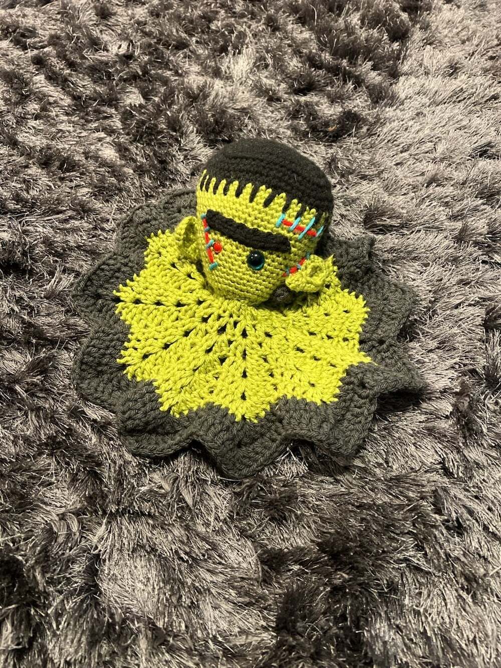Handmade Crochet Frankenstein Lovey Halloween Security Blanket